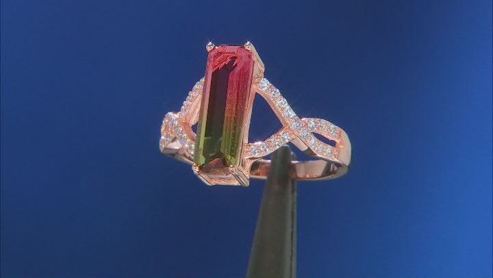 Watermelon Tourmaline Simulant And White Cubic Zirconia 18k Rose Gold Over Silver Ring 0.38ctw Video Thumbnail