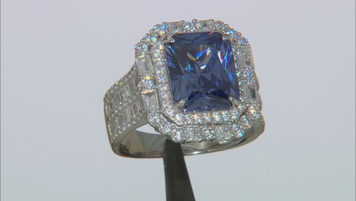 Blue And White Cubic Zirconia Rhodium Over Sterling Silver Ring 10.22CTW Video Thumbnail
