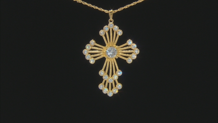 White Cubic Zirconia 18K Yellow Gold Over Sterling Silver Cross Pendant With Chain 4.44ctw Video Thumbnail