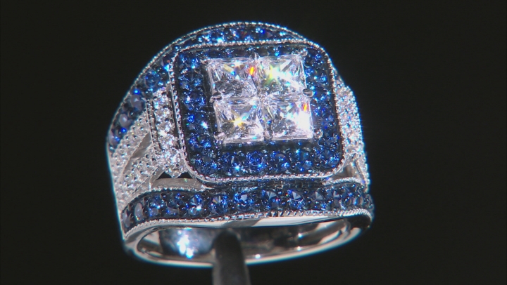 Blue & White Cubic Zirconia Rhodium Over Sterling Silver Ring 6.21ctw Video Thumbnail