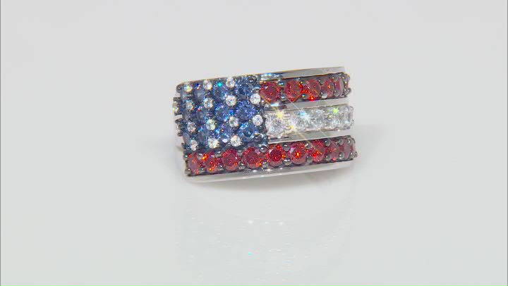 Blue, Red, & White Cubic Zirconia Rhodium Over Sterling Silver Cluster Ring 4.11ctw Video Thumbnail