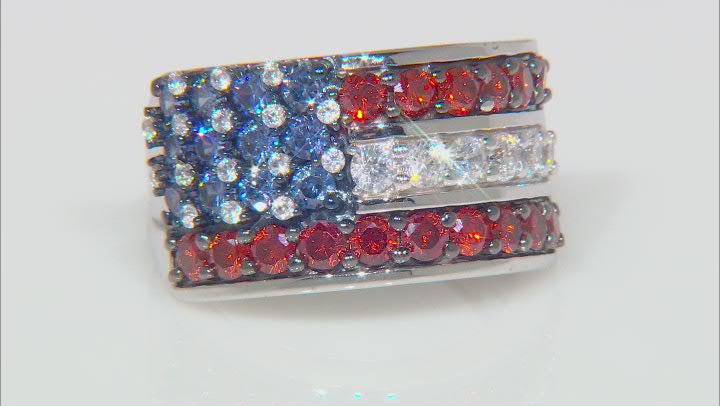 Blue, Red, & White Cubic Zirconia Rhodium Over Sterling Silver Cluster Ring 4.11ctw