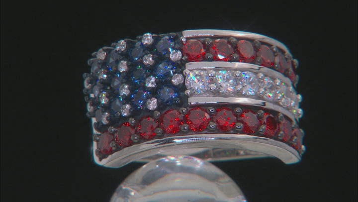 Blue, Red, & White Cubic Zirconia Rhodium Over Sterling Silver Cluster Ring 4.11ctw