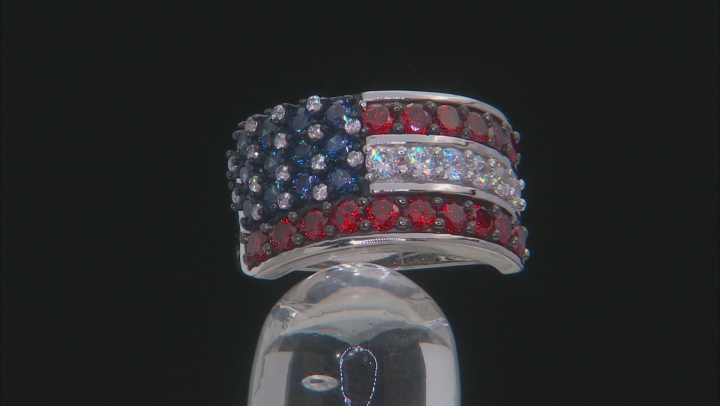 Blue, Red, & White Cubic Zirconia Rhodium Over Sterling Silver Cluster Ring 4.11ctw Video Thumbnail