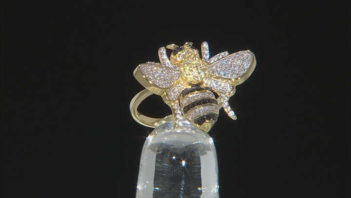 Black Nanocrystal, White and Yellow Cubic Zirconia 18K Yellow Gold Over Silver Bumblebee Ring Video Thumbnail