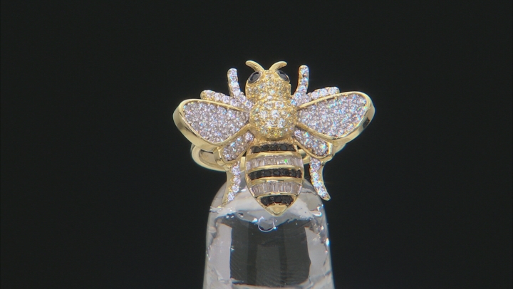 Black Nanocrystal, White and Yellow Cubic Zirconia 18K Yellow Gold Over Silver Bumblebee Ring Video Thumbnail