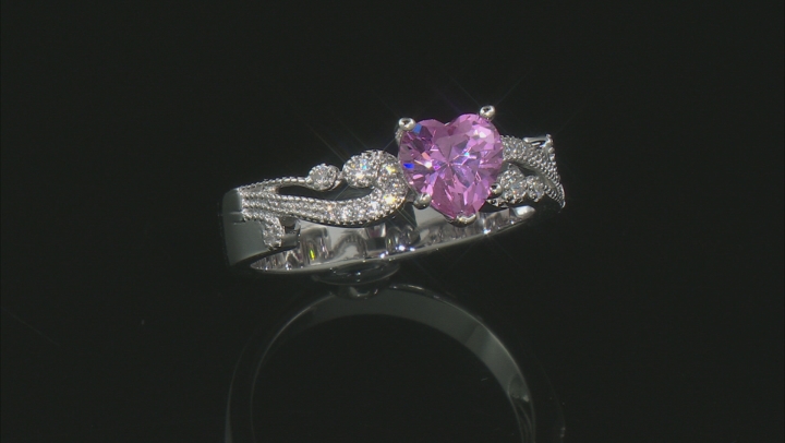 Pink And White Cubic Zirconia Rhodium Over Sterling Silver Heart Ring With Bands 2.50CTW Video Thumbnail