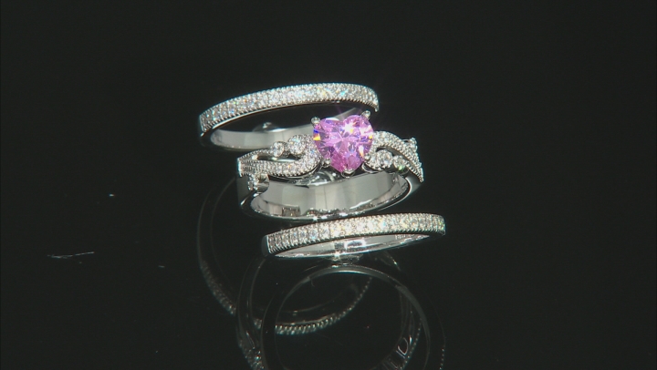 Pink And White Cubic Zirconia Rhodium Over Sterling Silver Heart Ring With Bands 2.50CTW Video Thumbnail