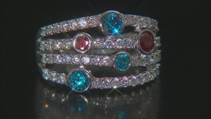 Blue, Red, And White Cubic Zirconia Rhodium Over Sterling Silver Ring 3.33CTW Video Thumbnail