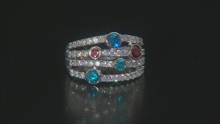 Blue, Red, And White Cubic Zirconia Rhodium Over Sterling Silver Ring 3.33CTW Video Thumbnail
