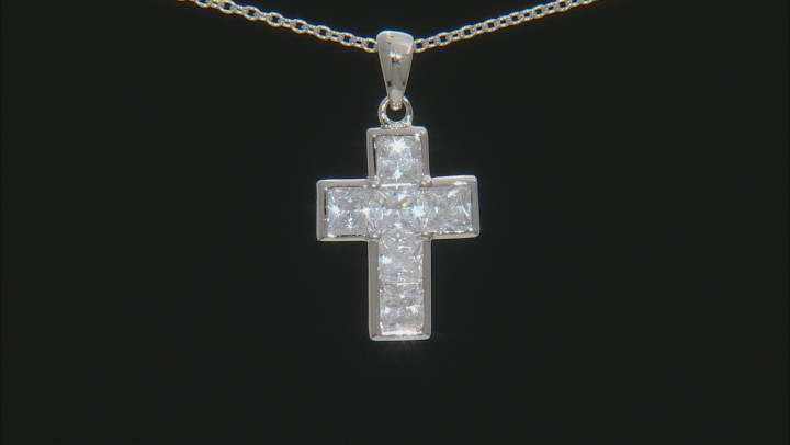 White Cubic Zirconia Rhodium Over Sterling Silver Cross Pendant With Chain 3.24ctw