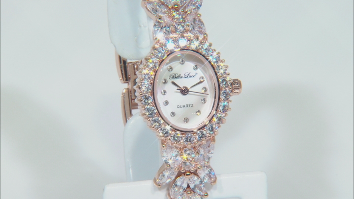 White Cubic Zirconia 18K Rose Gold Over Brass Ladies Wrist Watch 30.36ctw
