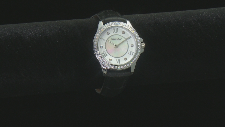 White Cubic Zirconia Rhodium Over Brass Black Genuine Leather Ladies Wrist Watch 2.44ctw Video Thumbnail