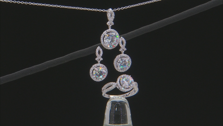 Cubic Zirconia Rhodium Over Sterling Silver Earrings, Ring And Pendant With Chain Set 11.42ctw Video Thumbnail