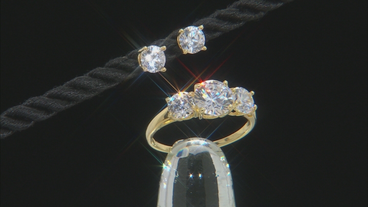 White Cubic Zirconia 18K Yellow Gold Over Silver Ring And Earrings 5.71ctw Video Thumbnail