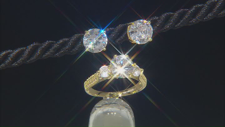 White Cubic Zirconia 18K Yellow Gold Over Silver Earrings And Ring 10.94ctw Video Thumbnail