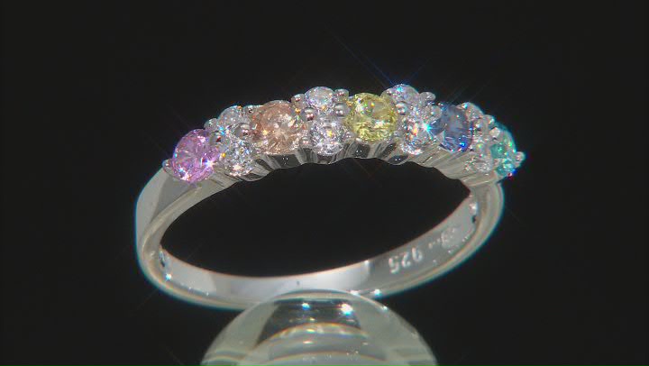 Blue, Yellow, Brown, Pink, White Cubic Zirconia Rhodium Over Sterling Silver Ring 1.31ctw