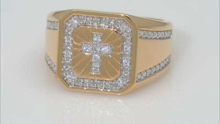 White Cubic Zirconia 18K Yellow Gold Over Sterling Silver Men's Cross Ring 0.37ctw Video Thumbnail