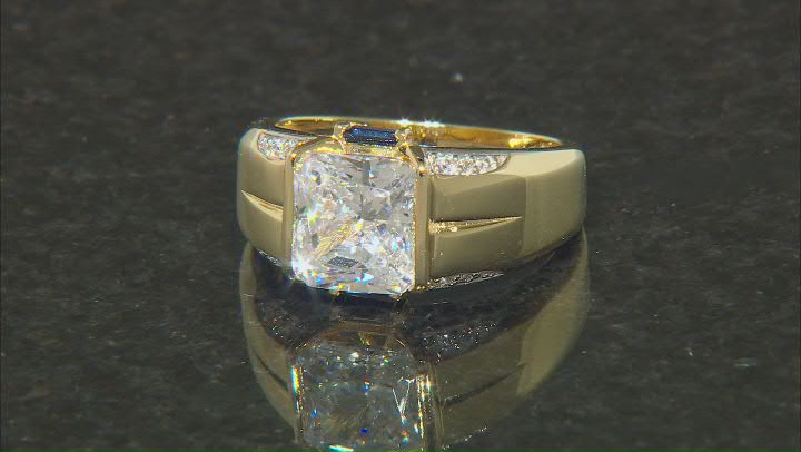 White Cubic Zirconia And Lab Created Blue Sapphire 18K Yellow Gold Over Sterling Silver Men's Ring Video Thumbnail