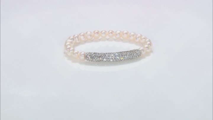 White Cultured Freshwater Pearl White Crystal Silver Tone Stretch Bracelet Video Thumbnail