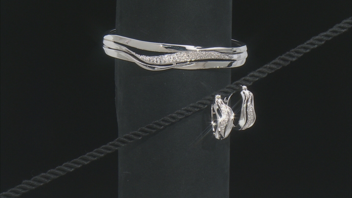 White Diamond Accent Rhodium Over Brass Cuff Bracelet And Hoop Earrings Set Video Thumbnail
