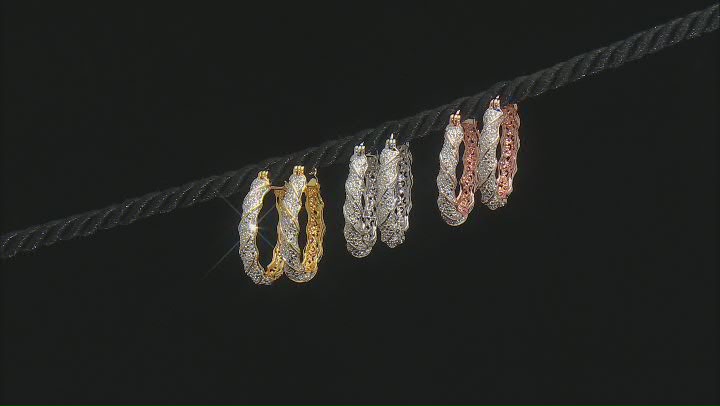White Diamond Accent Rhodium, 14k Yellow And Rose Gold Over Bronze Set of 3 Hoop Earrings Video Thumbnail