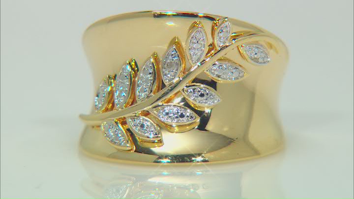 White Diamond Accent 14k Yellow Gold Over Bronze Wide Band Leaf Design Ring Video Thumbnail