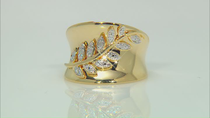 White Diamond Accent 14k Yellow Gold Over Bronze Wide Band Leaf Design Ring Video Thumbnail