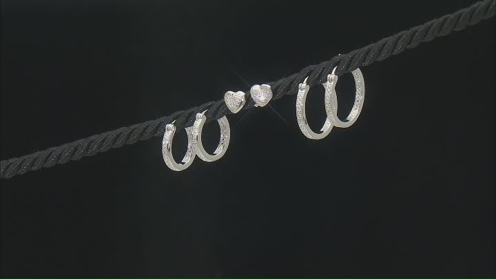 White Diamond Accent Rhodium Over Brass Stud And Hoop Set Of 3 Earrings Video Thumbnail