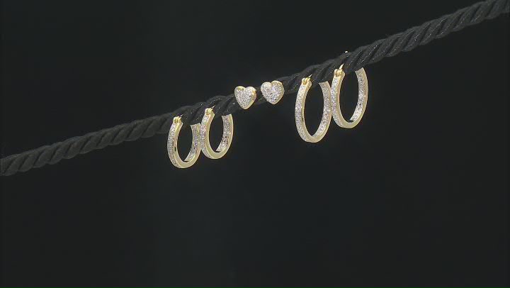 White Diamond Accent 14k Yellow Gold Over Brass Stud And Hoop Set Of 3 Earrings Video Thumbnail