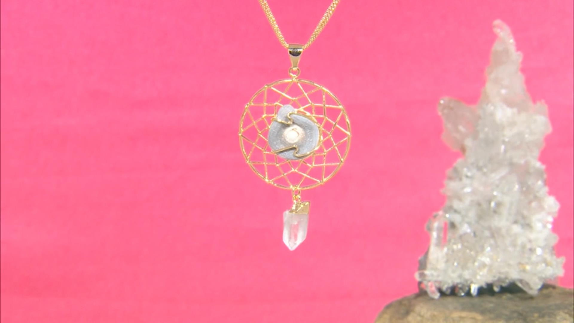 Concha Agate & Quartz 18K Yellow Gold Over Brass Dream Catcher Pendant Video Thumbnail