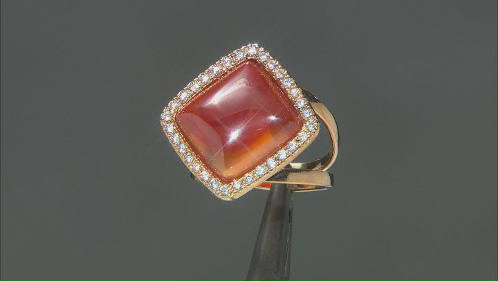 Red Carnelian and White Cubic Zirconia 18K Yellow Gold Over Brass Ring Video Thumbnail
