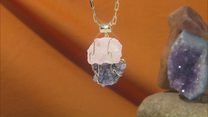Amethyst and Rose Quartz 18K Yellow Gold Over Brass Necklace Video Thumbnail