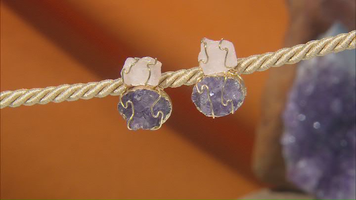 Rough Amethyst and Rough Rose Quartz 18K Yellow Gold Over Brass Stud Earrings Video Thumbnail