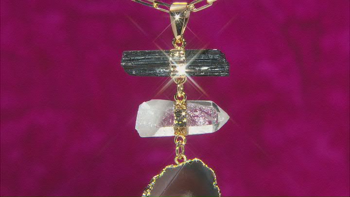 Clear Crystal Quartz, Multi-Color Agate, and Black Tourmaline 18k Yellow Gold Over Brass Necklace Video Thumbnail