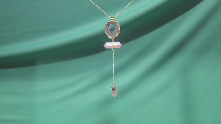 Free-form Occo Agate and Rose Quartz 18k Yellow Gold Over Brass Necklace Video Thumbnail