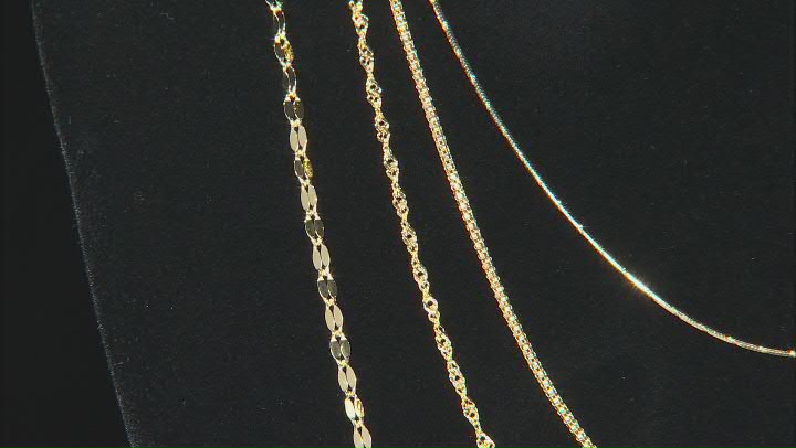 Snake Link, Popcorn Link Singapore Link, & Mirror Link Italian 18k Yellow Gold Over Silver Chain Set Video Thumbnail