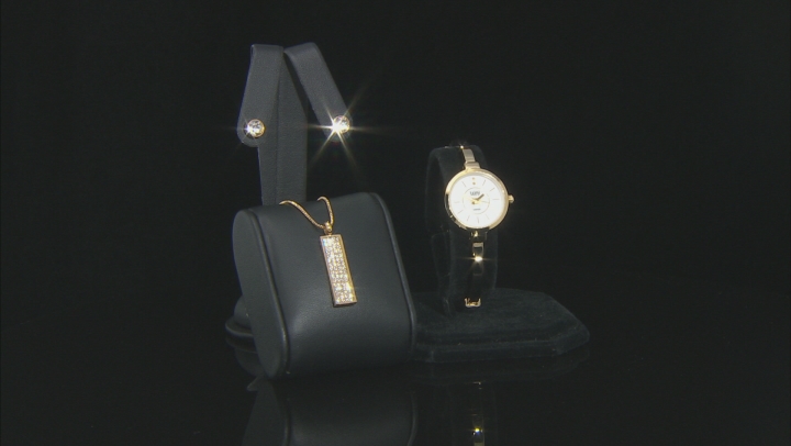 Burgi™ Crystals Gold Tone Base Metal Bangle Watch, Pendant, And Earrings Gift Set