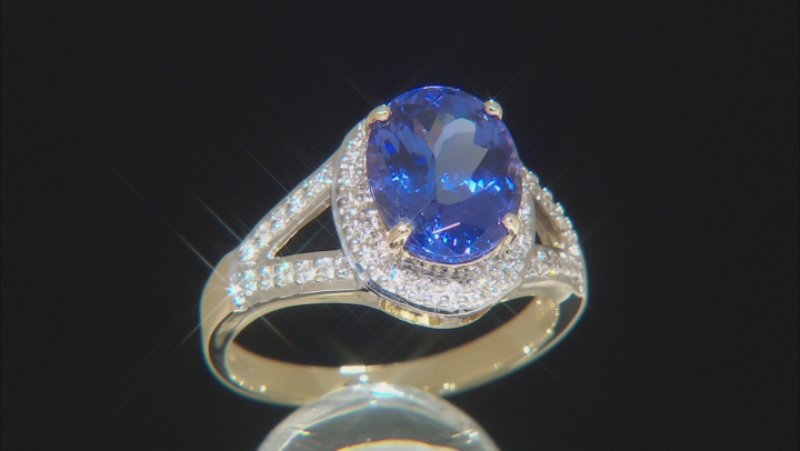 Blue Tanzanite With Round White Diamond 14k Yellow Gold Ring 3.31ctw Video Thumbnail