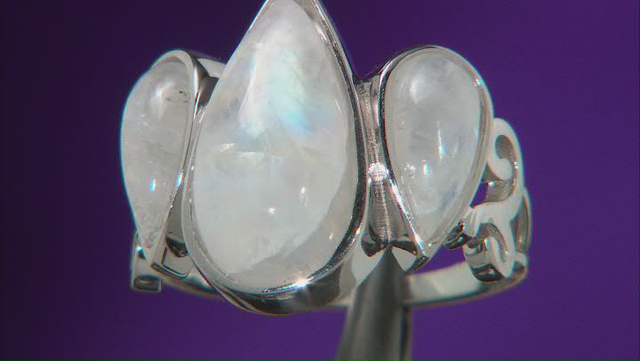 Pear Rainbow Moonstone Rhodium Over Sterling Silver Ring Video Thumbnail