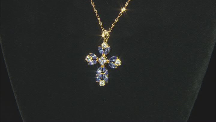 Blue Tanzanite 18k Yellow Gold Over Sterling Silver Cross Pendant With Chain 2.54ctw Video Thumbnail