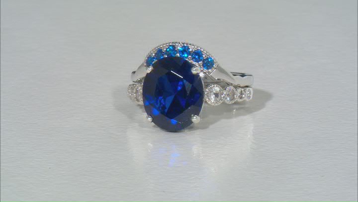 Blue Lab Created Spinel Rhodium Over Sterling Silver Ring Set 4.39ctw Video Thumbnail