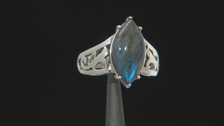 Gray Labradorite Rhodium Over Sterling Silver Solitaire Ring 16x8mm Video Thumbnail