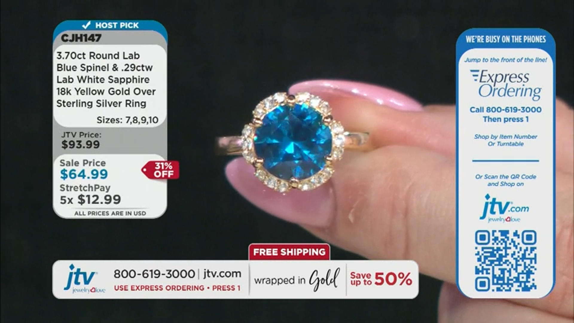 Blue Lab Created Spinel 18K Yellow Gold Over Sterling Silver Ring 3.99ctw Video Thumbnail