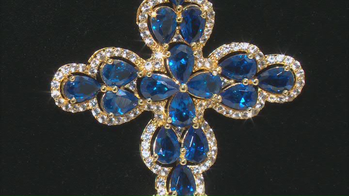 Blue Lab Created Spinel 18k Yellow Gold Over Silver Cross Pendant With Chain 8.22ctw Video Thumbnail