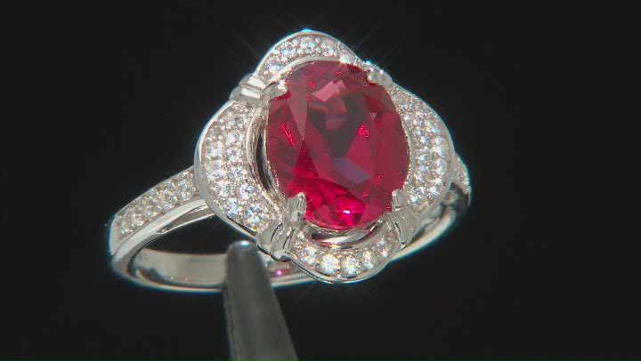 Red Lab Created Padparadscha Rhodium Over Sterling Silver Ring 3.45ctw Video Thumbnail