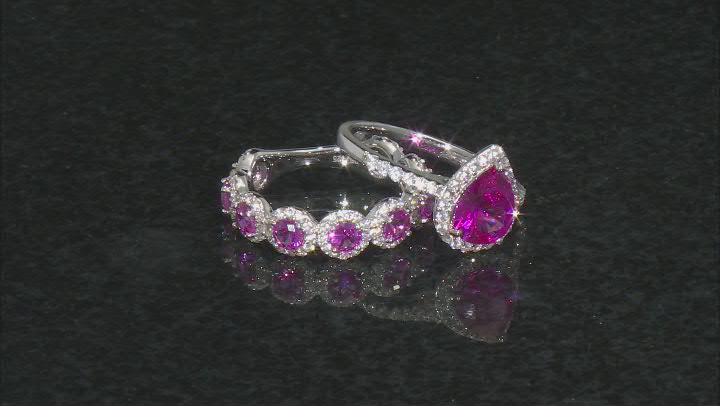 Pink Lab Created Sapphire Rhodium Over Sterling Silver Ring Set 3.85ctw Video Thumbnail