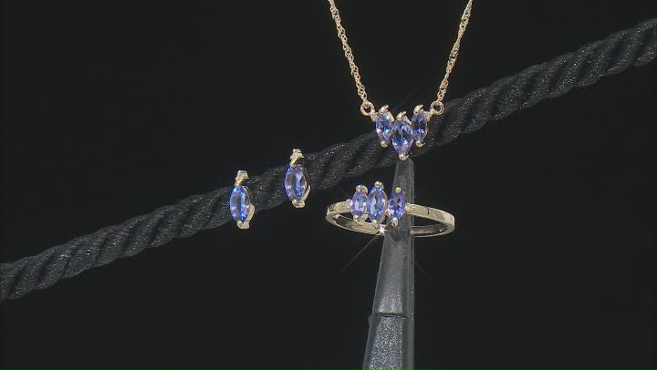Tanzanite With Diamond 10k Yellow Gold Ring, Earring And Necklace 3-Stone Jewelry Set 1.38ctw Video Thumbnail