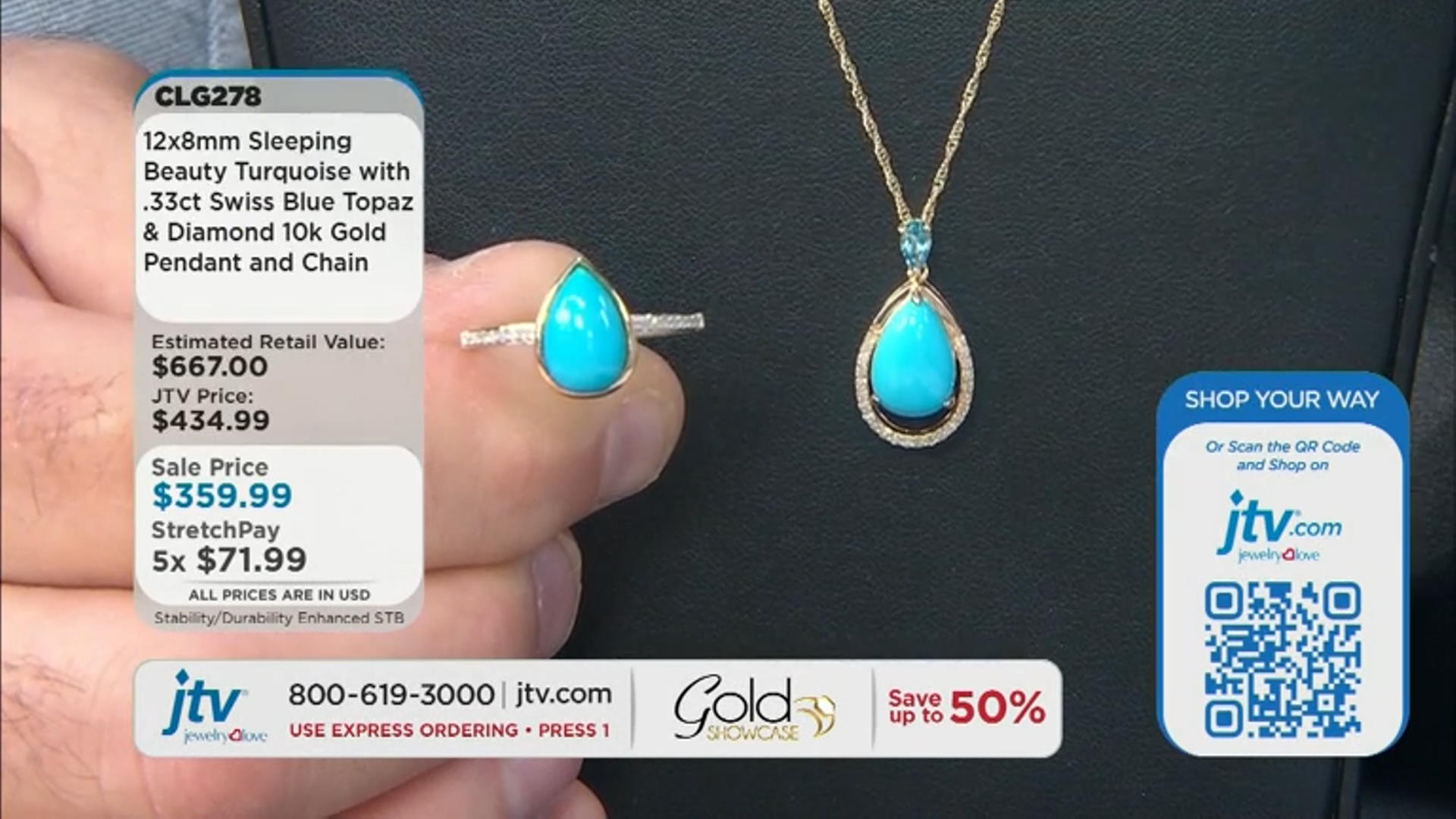 Blue Sleeping Beauty Turquoise 10k Yellow Gold Pendant with Chain 2.37ctw Video Thumbnail