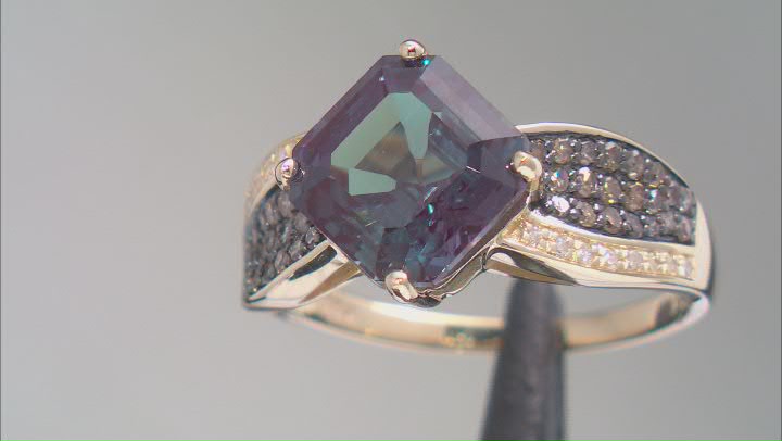 Blue Lab Created Alexandrite with Champagne and White Diamond 10K Yellow Gold Ring 4.33ctw Video Thumbnail